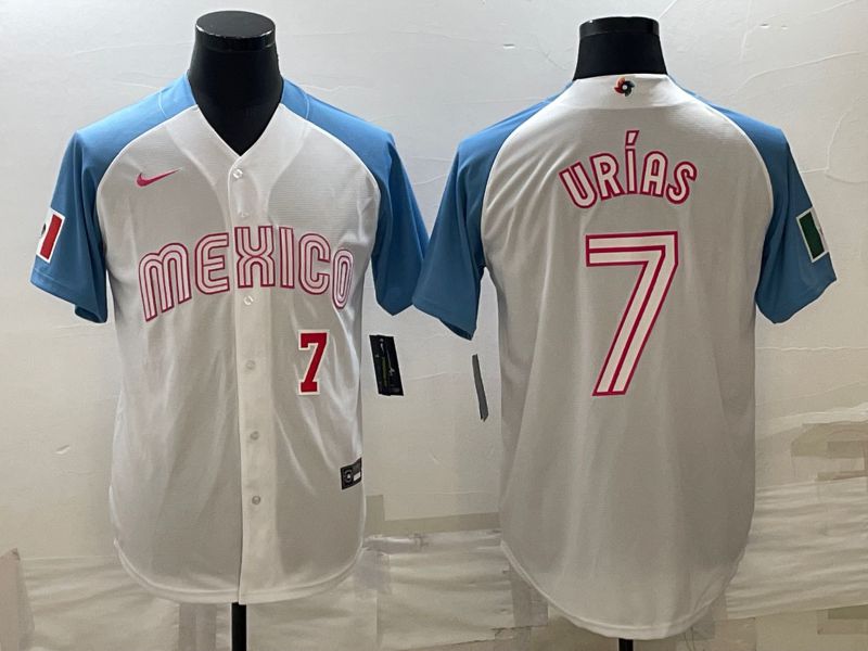 Men 2023 World Cub Mexico 7 Urias White blue Nike MLB Jersey5